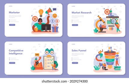 Marketer web banner or landing page set. Brand or product advertising and promotion. Specialist developing marketing strategy and communucation with a customer. Flat vector illustration