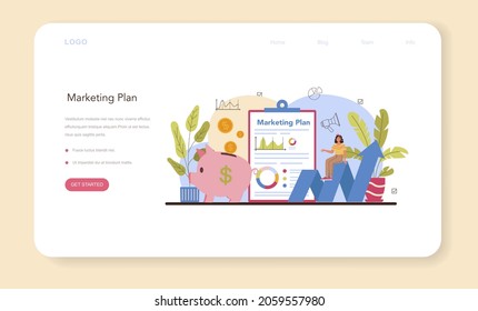 Marketer web banner or landing page. Marketing strategy and communucation with a customer by social media. Company promotion, pricing strategy, market trends analysis. Flat vector illustration