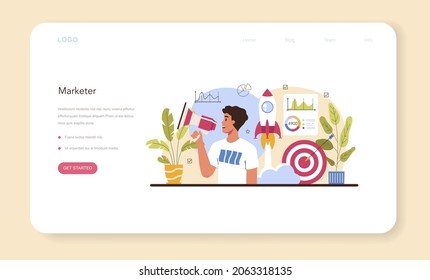 Marketer web banner or landing page. Marketing strategy and communucation with a customer by social media. Company promotion, pricing strategy, market trends analysis. Flat vector illustration