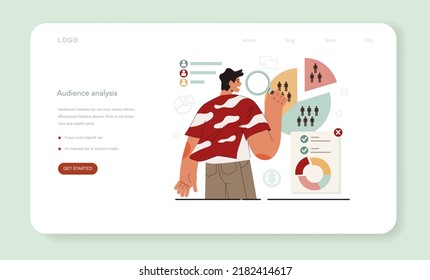 Marketer web banner or landing page. Brand or product launching and promotion. Specialist developing marketing strategy and communucation with a customer. Flat vector illustration