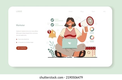 Marketer web banner or landing page. Brand or product launching and promotion. Specialist developing marketing strategy and communucation with a customer. Flat vector illustration