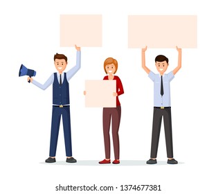 Marketers with advertising placards vector illustration. Promotion, marketing campaign, strategy flat concept. People, managers, advertiser holding empty banners, poster for text isolated clipart