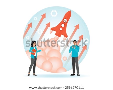 Marketers celebrate the start of a dynamic advertising campaign, aimed at market penetration and brand awareness. Shown with a rocket launching. Flat vector illustration