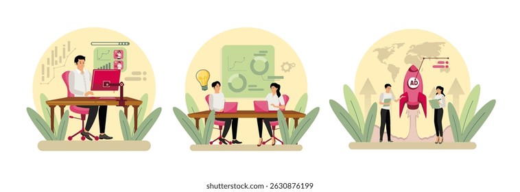 Marketers collaborate on digital analysis to define the ideal customer profile. Analyzing data Marketing strategy displayed on a board. Professionals initiating powerful advertising.