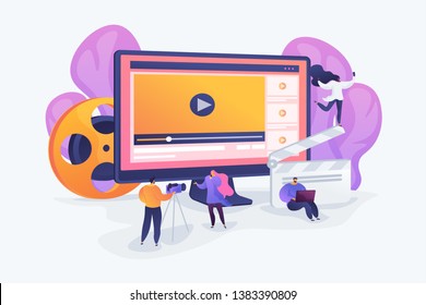 Marketers creating and distributing video content, tiny people. Video content marketing, video marketing strategy, digital marketing tool concept. Vector isolated concept creative illustration.