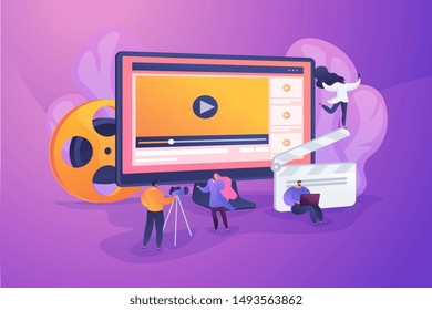 Marketers creating and distributing video content, tiny people. Video content marketing, video marketing strategy, digital marketing tool concept. Vector isolated concept creative illustration.