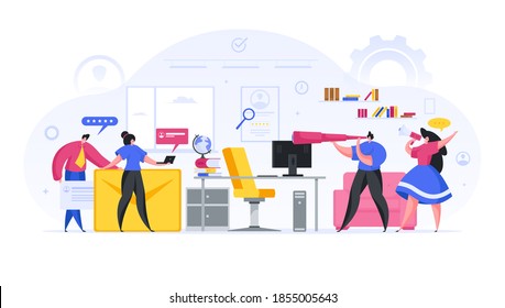 Marketers find and invite skilled workers vector concept. Professional managers have found two new candidates and are calling for interview. Confident men and women show their resumes and diplomas.