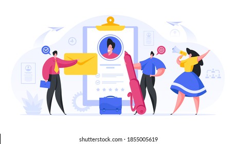 Marketers interviewing job candidate vector concept. Male and female characters are asking questions and ready to sign contract. Male job seeker talks about his cartoon achievements success.