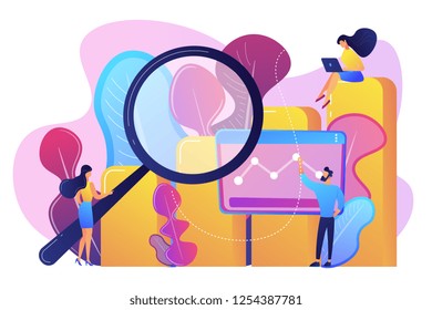 Marketers With Magnifier Research Marketing Opportunities Chart. Marketing Research, Marketing Analysis, Market Opportunities And Problems Concept. Bright Vibrant Violet Vector Isolated Illustration