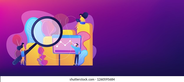 Marketers with magnifier research marketing opportunities chart. Marketing research, marketing analysis, market opportunities and problems concept. Header or footer banner template with copy space.