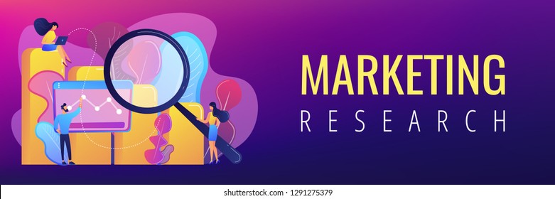 Marketers with magnifier research marketing opportunities chart. Marketing research, marketing analysis, market opportunities and problems concept. Header or footer banner template with copy space.