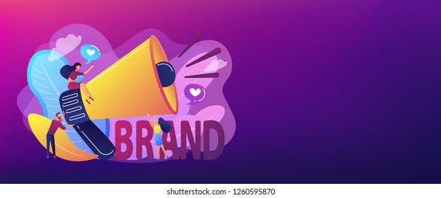 Marketers with megaphone conducting brand awareness campaign. Brand awareness, product research result, marketing survey metrics concept. Header or footer banner template with copy space.