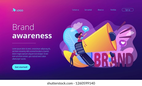 Marketers with megaphone conducting brand awareness campaign. Brand awareness, product research result, marketing survey metrics concept. Website vibrant violet landing web page template.