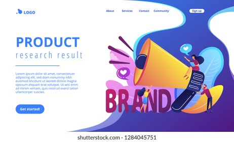 Marketers with megaphone conducting brand awareness campaign. Brand awareness, product research result, marketing survey metrics concept. Website vibrant violet landing web page template.