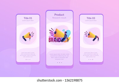 Marketers with megaphone conducting brand awareness campaign. Brand awareness, product research result, marketing survey metrics concept. Mobile UI UX GUI template, app interface wireframe