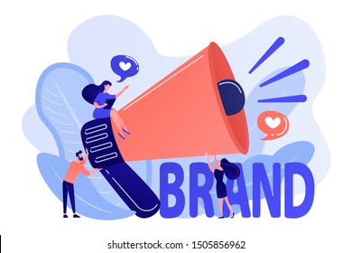 Marketers with megaphone conducting brand awareness campaign. Brand awareness, product research result, marketing survey metrics concept. Living coral bluevector isolated illustration