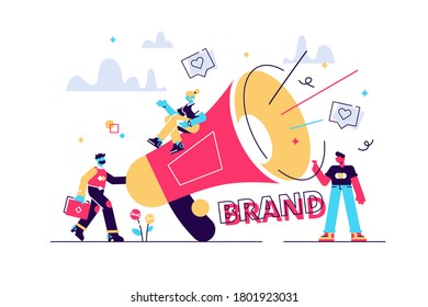 Marketers with megaphone conducting brand awareness campaign. Brand awareness, product research result, marketing survey metrics concept. Bright vibrant violet vector isolated illustration