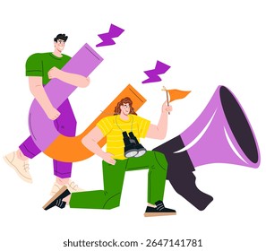 Los vendedores o gerentes de SMM atraen a los Clientes en línea. Estrategia de retención de Clientes, marketing digital entrante, Ilustración vectorial plana aislada sobre fondo blanco.