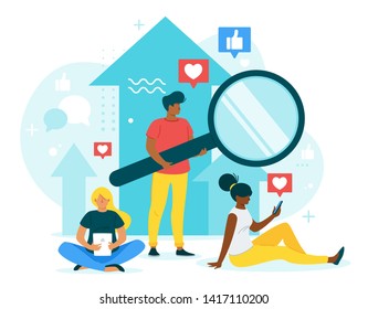 Marketers team analyzing trends flat vector web banner template. Internet vlogger, blogger forecasting Internet tendencies. SMM, SEO, digital marketing strategy. Mainstream content searching