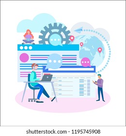 Marketers at work online at computers and mobile applications, SEO concept optimization, Internet search marketing. Vector illustration for web design, blogging and advertising posters.