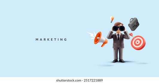 Marketing, 3D personagem de um comerciante olhando através de binóculos, alvo, pasta, lâmpada, alto-falante. Para conceitos de desenvolvimento, ideias, gerenciamento e comunicações. Banner da Web. Vetor