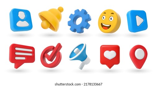 Marketing 3D icons. Location pin, check mark, yellow smile emoji and notification bell. Contacts and settings, megaphone and play video button vector set. Social media elements for online chatting