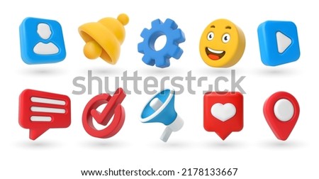 Marketing 3D icons. Location pin, check mark, yellow smile emoji and notification bell. Contacts and settings, megaphone and play video button vector set. Social media elements for online chatting