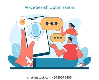 Marketing 5.0 concept. Capturing the essence of voice search optimization in user-device interaction for seamless digital experiences. Flat vector illustration.