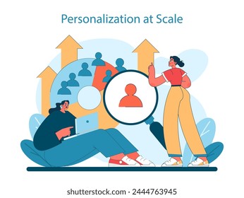 Marketing 5.0 concept. A dynamic representation of scaling personalization in marketing to cater to individual customer profiles. Vector illustration.