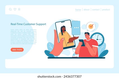 Marketing 5.0 concept. Efficient real-time customer support with a smiling representative assisting a satisfied user. Flat vector illustration.