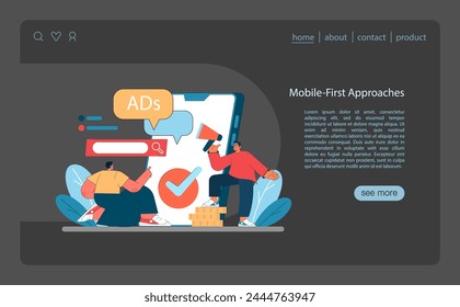 Marketing 5.0 concept. A fresh take on mobile-first advertising strategies, with a focus on search optimization and user engagement. Flat vector illustration.