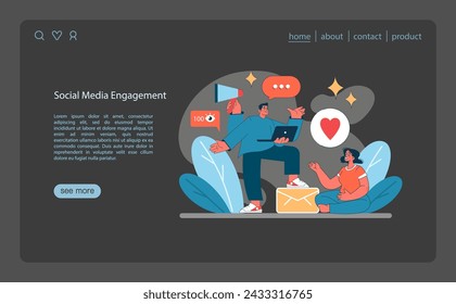 Marketing 5.0 concept. A lively scene showing active engagement and connection with audiences on social media platforms. Vector illustration.