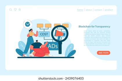 Marketing 5.0 concept. Showcasing blockchain technology as a tool for ensuring transparency in advertising costs. Flat vector illustration.