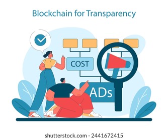 Marketing 5.0 concepto. Mostrar la tecnología blockchain como una herramienta para garantizar la transparencia en los costos de publicidad. Ilustración vectorial plana.