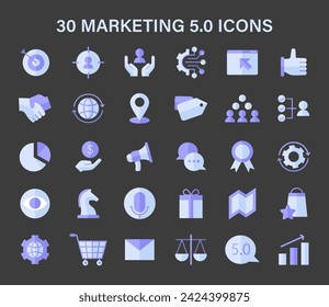 Marketing 5.0 icon set. Essential visual elements representing advanced digital marketing and advertising concepts. Captures the essence of strategy, technology, and engagement. Vector illustration.