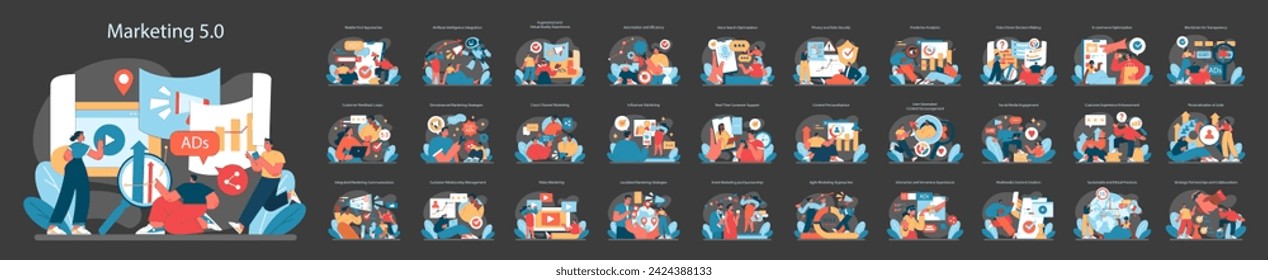 Marketing 5.0 set. A collection showcasing modern marketing strategies, consumer engagement, and digital advertising trends. A glimpse into futuristic promotion and communication. Vector illustration.