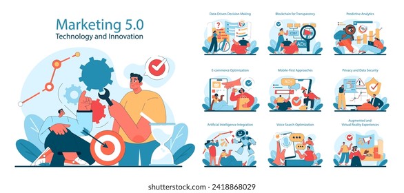 Marketing 5.0 set. Digital innovation and technology in advertising. Data analysis, blockchain, AI integration, and security. Flat vector illustration.