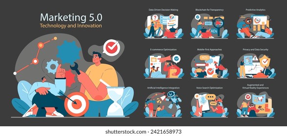 Marketing 5.0 set. Digital innovation and technology in advertising. Data analysis, blockchain, AI integration, and security. Flat vector illustration.