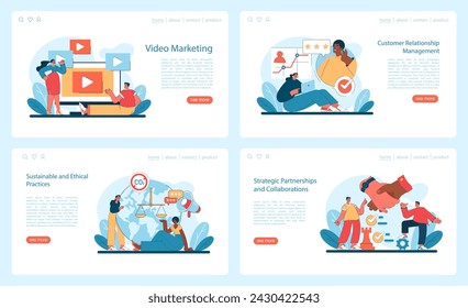 Marketing 5.0 set. Dynamic video marketing, nurturing customer relationships, ethical business, and forging strategic partnerships. Future of engagement. Vector illustration.