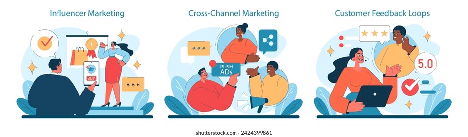 Marketing 5.0 set. Exploring influencer impact, unified cross-channel presence, and the power of customer feedback. Vector illustration.