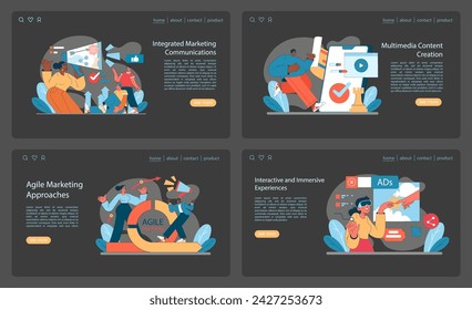 Marketing 5.0 set. Harnessing integrated communications, creating engaging multimedia, adopting agile tactics, and offering immersive experiences. Digital evolution. Vector illustration.