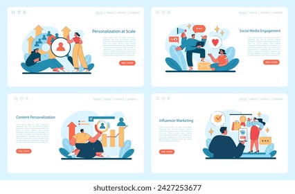 Marketing 5.0 set. Showcases the dynamic of social media engagement, scalable content personalization, and influential marketing. Vector illustration.