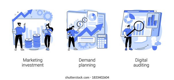 Marketing accounting abstract concept vector illustration set. Marketing investment, demand planning, digital auditing, business plan, finance management, digital sales, revenue abstract metaphor.