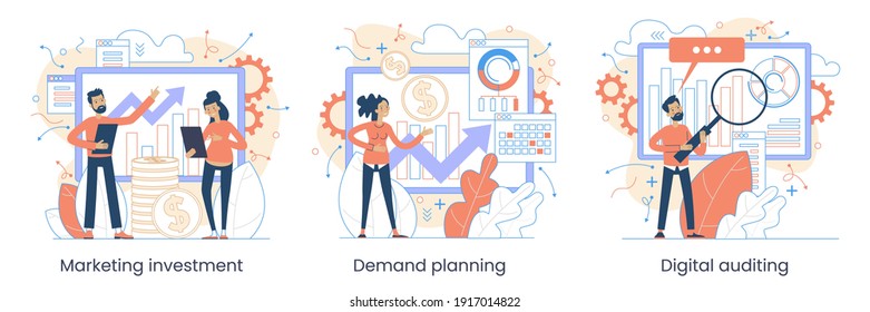 Marketing accounting concept. Finance management. Marketing investment. Digital auditing, business plan. Digital sales. Demand planning, Graphic elements set. Vector illustration in flat style.