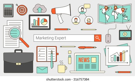 Marketing and accounting expert banner with search bar, thin line objects and work tools on a desktop