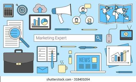 Marketing and accounting expert banner with search bar, thin line objects and work tools on a desktop