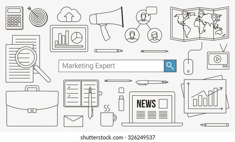 Marketing and accounting expert banner with search bar, thin line objects and work tools on a desktop