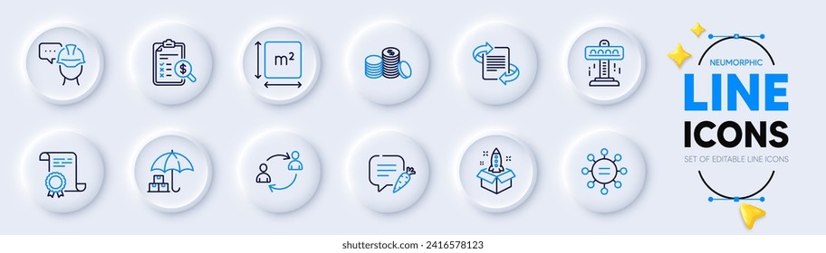 Marketing, Accounting report and Startup line icons for web app. Pack of Ethics, Foreman, Chat bubble pictogram icons. Square area, Delivery service, Banking money signs. Certificate. Vector