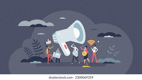 Marketing activity with social media campaign for brand tiny person concept. Communication with customers with promotion as influence, engagement and company recognition strategy vector illustration.