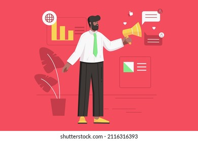 Marketing y publicidad concepto moderno de piso. El mercado masculino con megáfono promueve los negocios en los medios sociales y aumenta las ventas. Ilustración vectorial con escena de personas para diseño de banners web